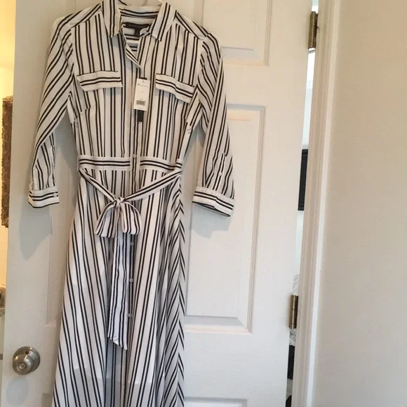 black and blue striped maxi dress Terry Toweling Jacquard Maxi Dress With Long Sleeves In Black And Cream Stripe L